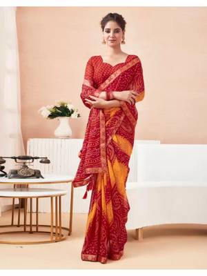Red Chiffon Bandhej Printed Sari,Saree With Unstitched Blouse Piece 1