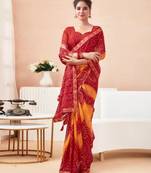 Red Chiffon Bandhej Printed Sari,Saree With Unstitched Blouse Piece