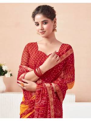 Red Chiffon Bandhej Printed Sari,Saree With Unstitched Blouse Piece 2
