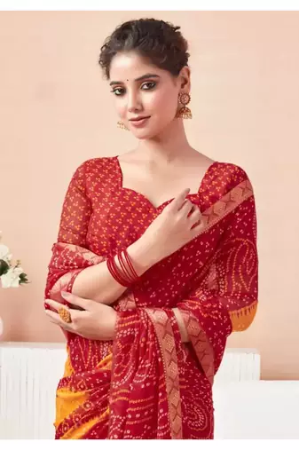 Red Chiffon Bandhej Printed Sari,Saree With Unstitched Blouse Piece