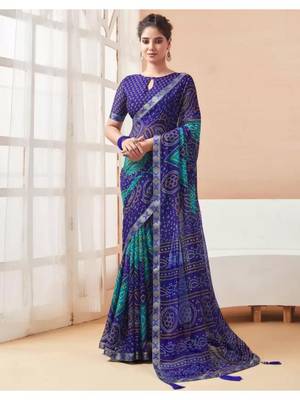 Blue Chiffon Bandhej Printed Sari,Saree With Unstitched Blouse Piece 1