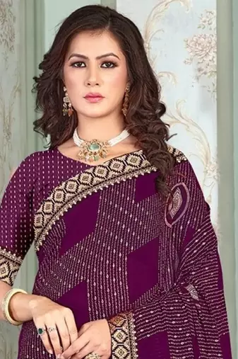 Wine Georgette Golden Print Printed Sari,Saree With Unstitched Blouse Piece