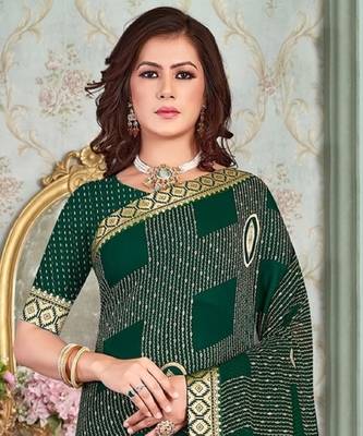 Green Georgette Golden Print Printed Sari,Saree With Unstitched Blouse Piece 2