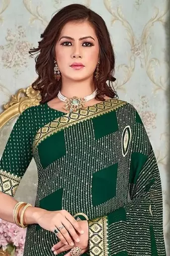 Green Georgette Golden Print Printed Sari,Saree With Unstitched Blouse Piece