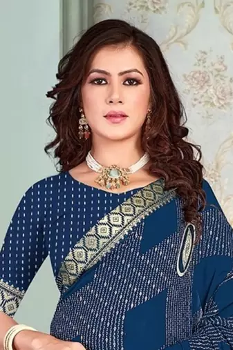Blue Georgette Golden Print Printed Sari,Saree With Unstitched Blouse Piece