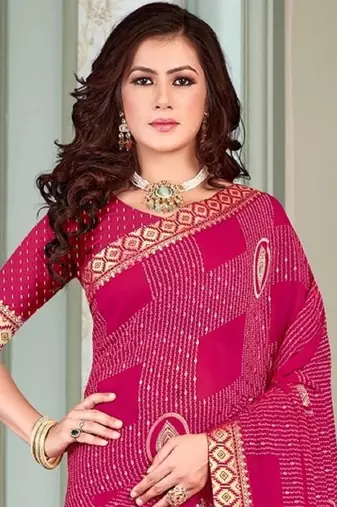 Pink Georgette Golden Print Printed Sari,Saree With Unstitched Blouse Piece