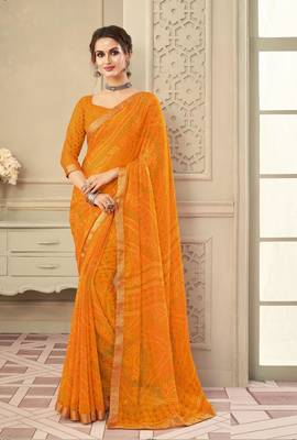 Yellow Chiffon Bandhej Printed Sari,Saree With Unstitched Blouse Piece 1