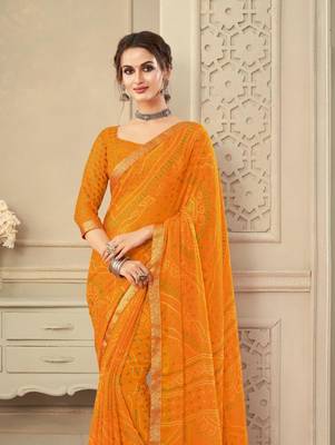 Yellow Chiffon Bandhej Printed Sari,Saree With Unstitched Blouse Piece 2