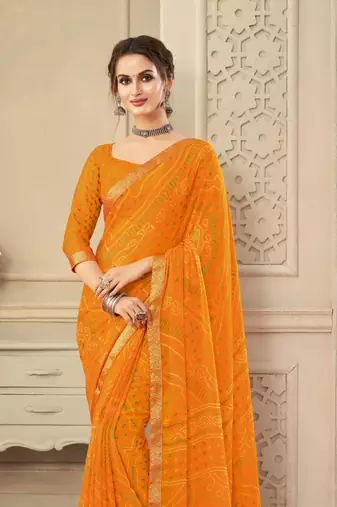 Yellow Chiffon Bandhej Printed Sari,Saree With Unstitched Blouse Piece