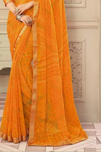 Yellow Chiffon Bandhej Printed Sari,Saree With Unstitched Blouse Piece