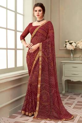 Maroon Chiffon Bandhej Printed Sari,Saree With Unstitched Blouse Piece 1