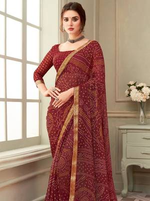 Maroon Chiffon Bandhej Printed Sari,Saree With Unstitched Blouse Piece 2