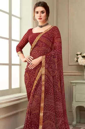 Maroon Chiffon Bandhej Printed Sari,Saree With Unstitched Blouse Piece
