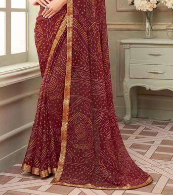 Maroon Chiffon Bandhej Printed Sari,Saree With Unstitched Blouse Piece 3