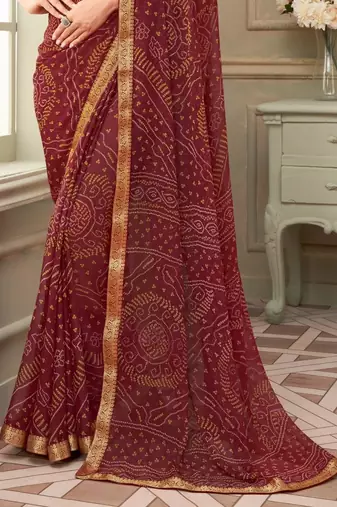 Maroon Chiffon Bandhej Printed Sari,Saree With Unstitched Blouse Piece
