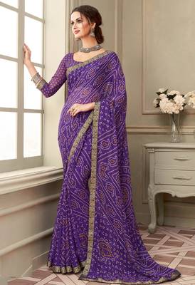 Purple Chiffon Bandhej Printed Sari,Saree With Unstitched Blouse Piece 1