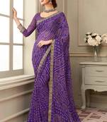 Purple Chiffon Bandhej Printed Sari,Saree With Unstitched Blouse Piece