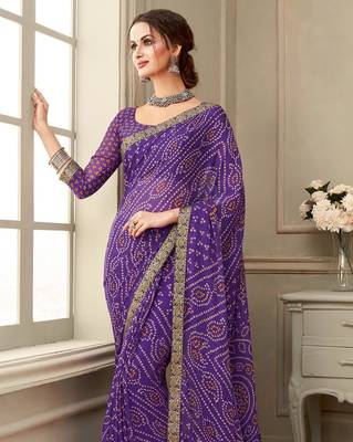 Purple Chiffon Bandhej Printed Sari,Saree With Unstitched Blouse Piece 2