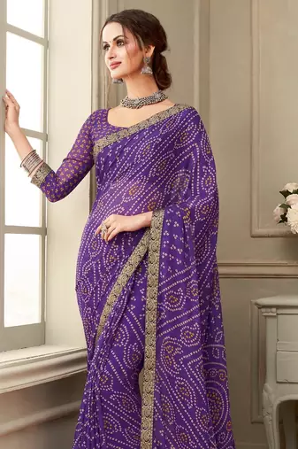 Purple Chiffon Bandhej Printed Sari,Saree With Unstitched Blouse Piece