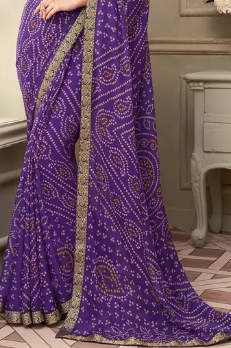 Purple Chiffon Bandhej Printed Sari,Saree With Unstitched Blouse Piece