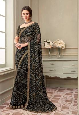 Black Chiffon Bandhej Printed Sari,Saree With Unstitched Blouse Piece 1