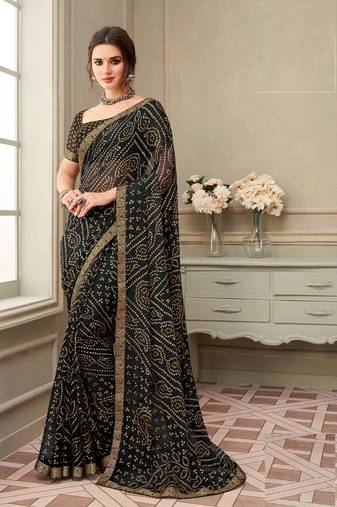 Black Chiffon Bandhej Printed Sari,Saree With Unstitched Blouse Piece