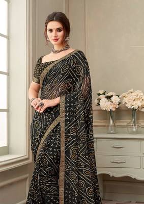 Black Chiffon Bandhej Printed Sari,Saree With Unstitched Blouse Piece 2