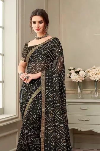 Black Chiffon Bandhej Printed Sari,Saree With Unstitched Blouse Piece