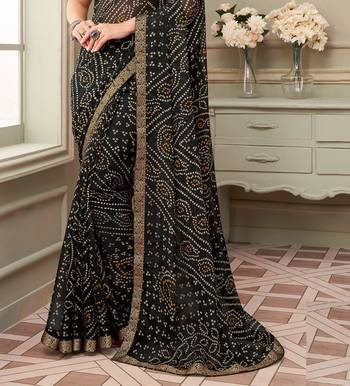 Black Chiffon Bandhej Printed Sari,Saree With Unstitched Blouse Piece 3