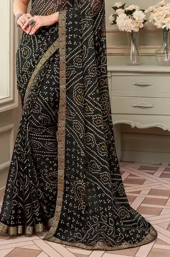 Black Chiffon Bandhej Printed Sari,Saree With Unstitched Blouse Piece