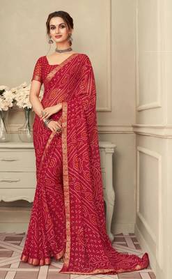 Red Chiffon Bandhej Printed Sari,Saree With Unstitched Blouse Piece 1