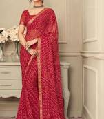 Red Chiffon Bandhej Printed Sari,Saree With Unstitched Blouse Piece