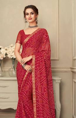 Red Chiffon Bandhej Printed Sari,Saree With Unstitched Blouse Piece 2