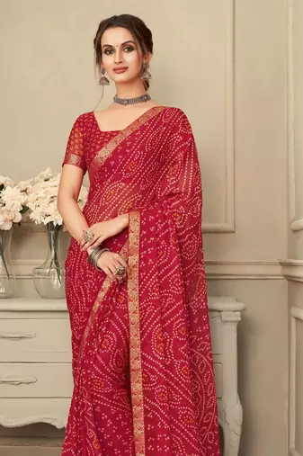 Red Chiffon Bandhej Printed Sari,Saree With Unstitched Blouse Piece