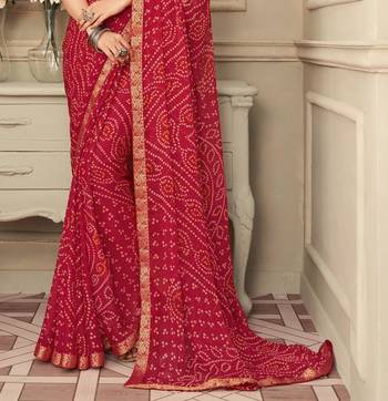 Red Chiffon Bandhej Printed Sari,Saree With Unstitched Blouse Piece 3