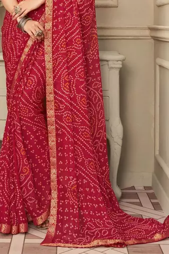 Red Chiffon Bandhej Printed Sari,Saree With Unstitched Blouse Piece