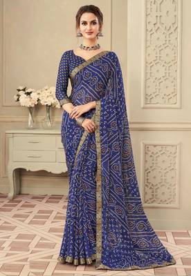 Blue Chiffon Bandhej Printed Sari,Saree With Unstitched Blouse Piece 1