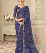 Blue Chiffon Bandhej Printed Sari,Saree With Unstitched Blouse Piece