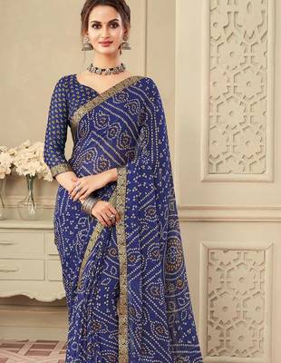 Blue Chiffon Bandhej Printed Sari,Saree With Unstitched Blouse Piece 2