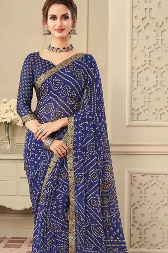 Blue Chiffon Bandhej Printed Sari,Saree With Unstitched Blouse Piece