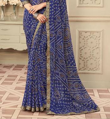 Blue Chiffon Bandhej Printed Sari,Saree With Unstitched Blouse Piece 3