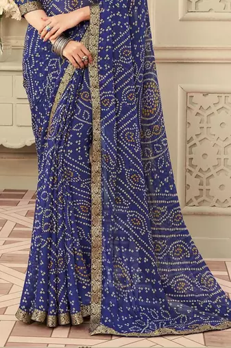Blue Chiffon Bandhej Printed Sari,Saree With Unstitched Blouse Piece