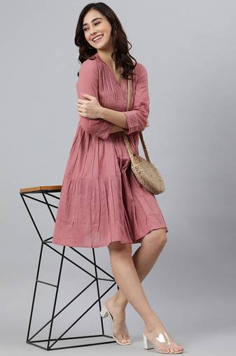 Peach Solid Cotton Casual  Western Dress for Women