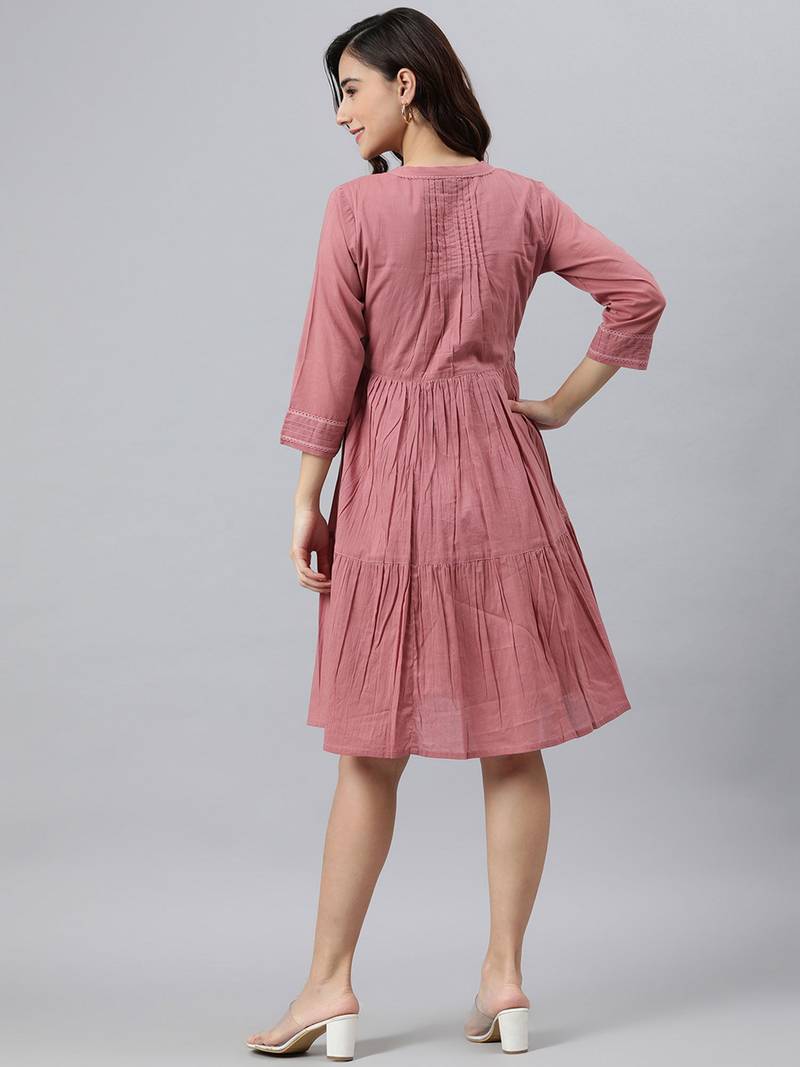 Trendmalls Peach Solid Cotton Casual  Western Dress for Women