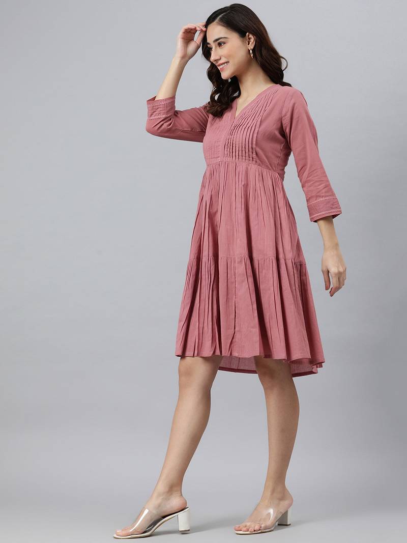 Trendmalls Peach Solid Cotton Casual  Western Dress for Women