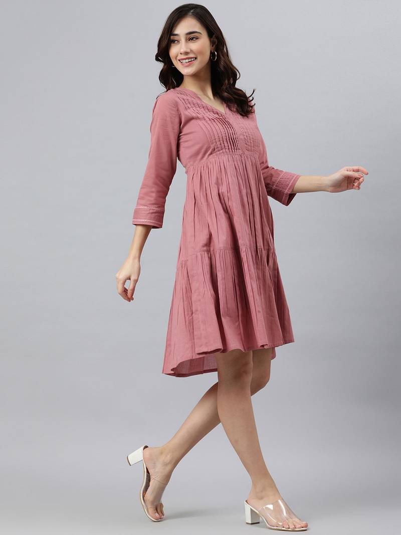 Trendmalls Peach Solid Cotton Casual  Western Dress for Women