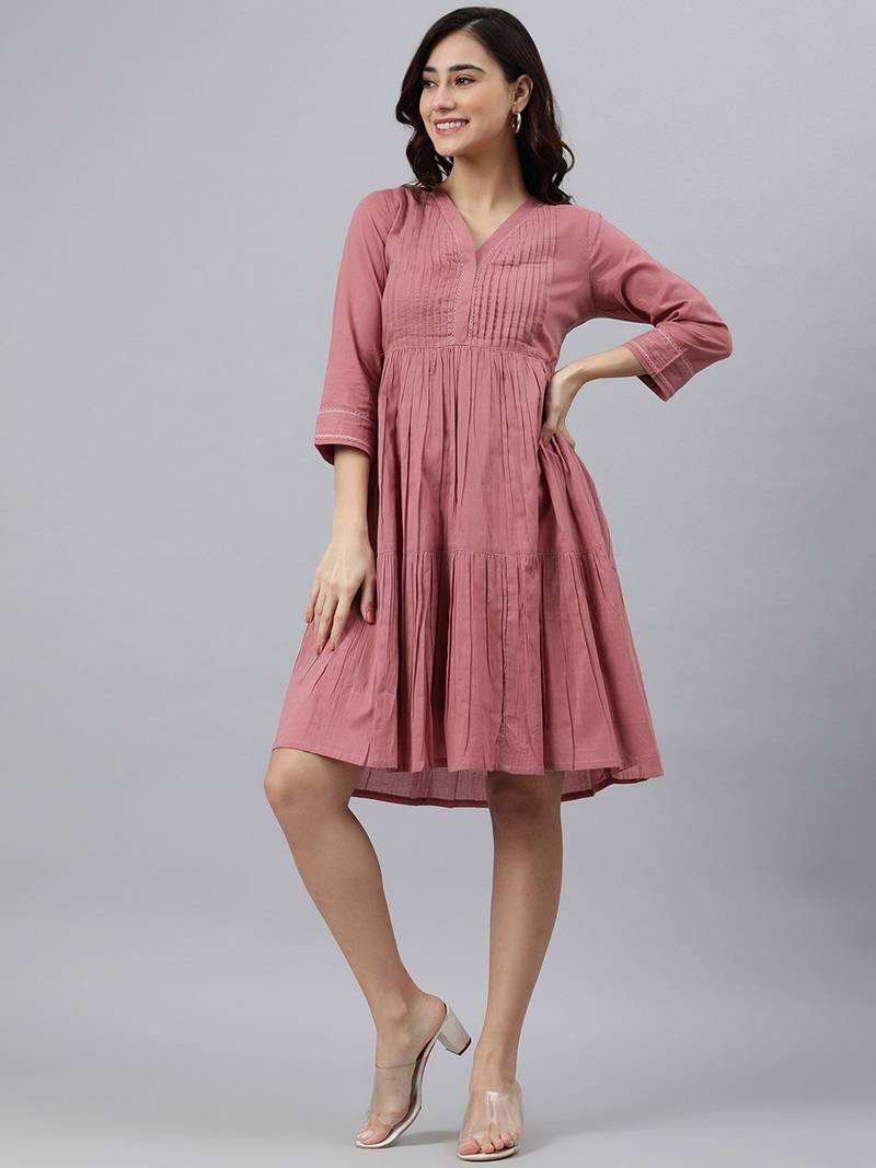 Trendmalls Peach Solid Cotton Casual  Western Dress for Women