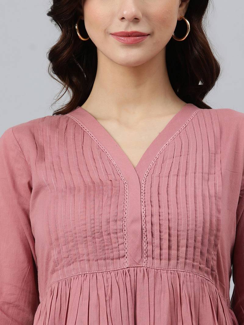 Trendmalls Peach Solid Cotton Casual  Western Dress for Women