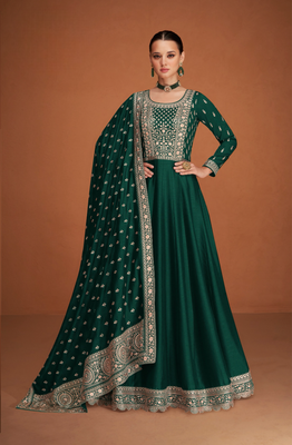 Green designer embroidered heavy premium silk anarkali suit 1