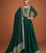 Green designer embroidered heavy premium silk semi stitched anarkali suit